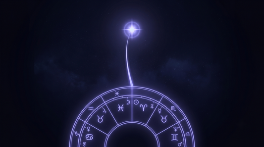 Camino de luz que asciende desde una carta natal hacia una estrella guía, la vocación en la carta