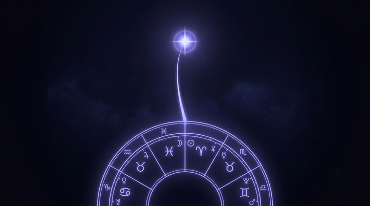 Camino de luz que asciende desde una carta natal hacia una estrella guía, la vocación en la carta