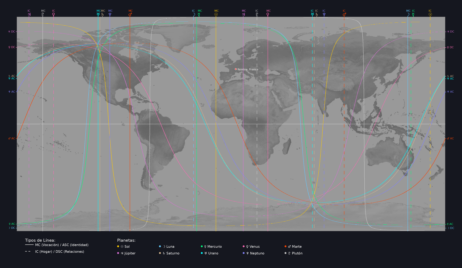 mapa de astrocartografía personalizado con líneas planetarias y posiciones astrológicas mundiales