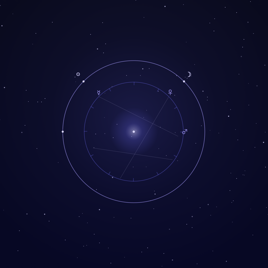 Carta natal intermedia: rueda zodiacal de doble anillo con glifos planetarios y líneas de aspectos sobre fondo estrellado
