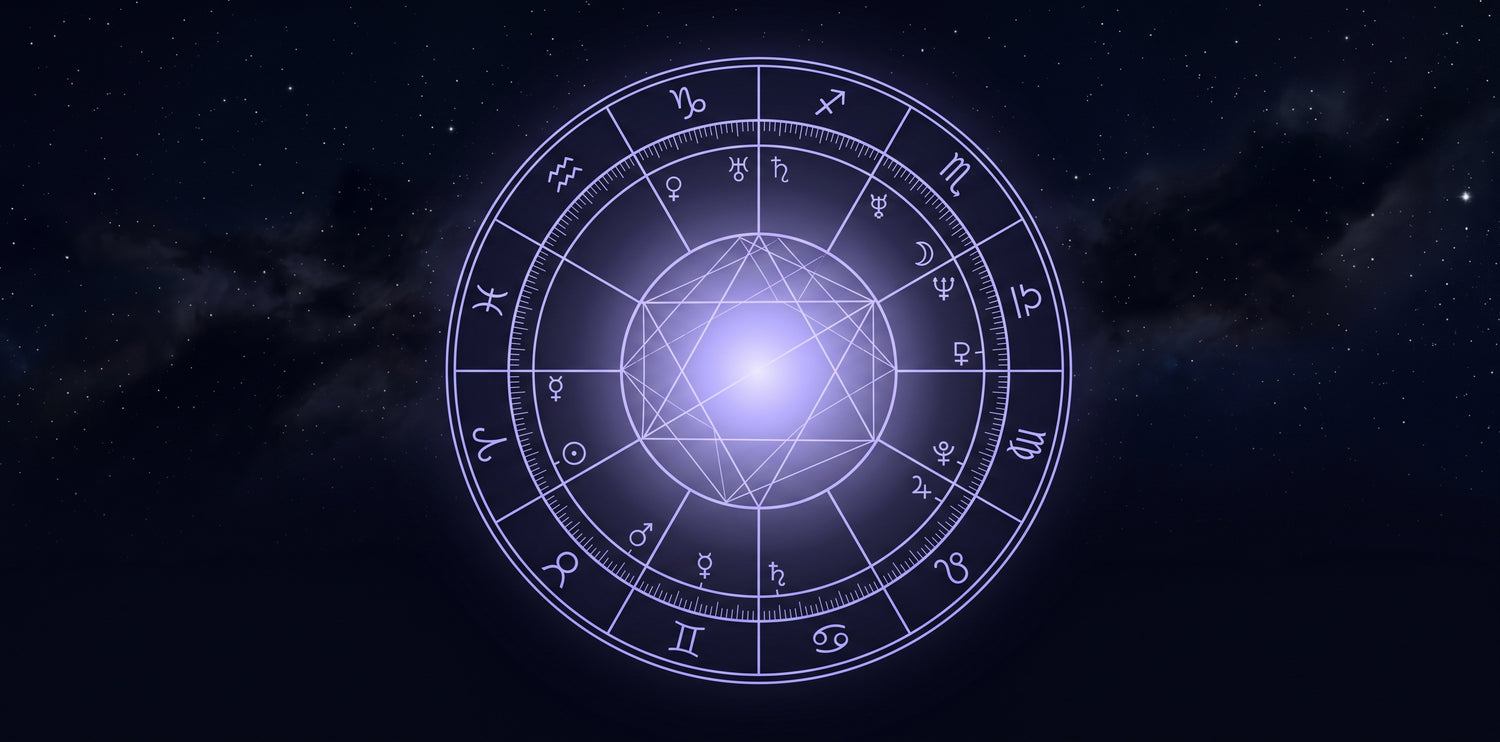 rueda de carta natal con los doce signos del zodiaco y sus glifos brillando en morado sobre el cosmos