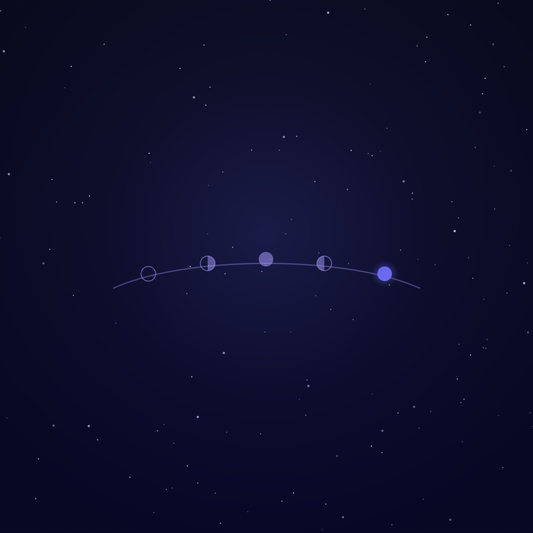 Horóscopo explorador: arco con las cinco fases de la Luna, de nueva a llena, ilustradas sobre un cielo nocturno estrellado
