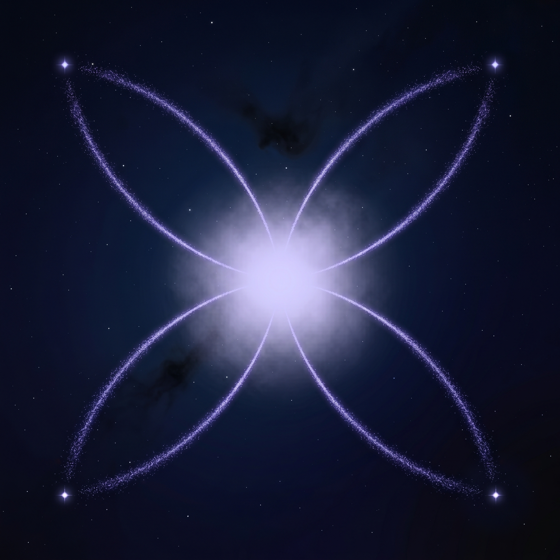Carta circular con cuatro hilos de luz que convergen en un punto brillante, informe ikigai astrológico AISTROWISE